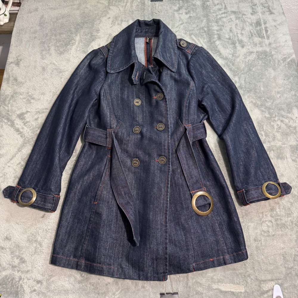 Ambition Denim Trench Coat Dark Wash Belted Grommet Jacket Vintage Y2K Womens L